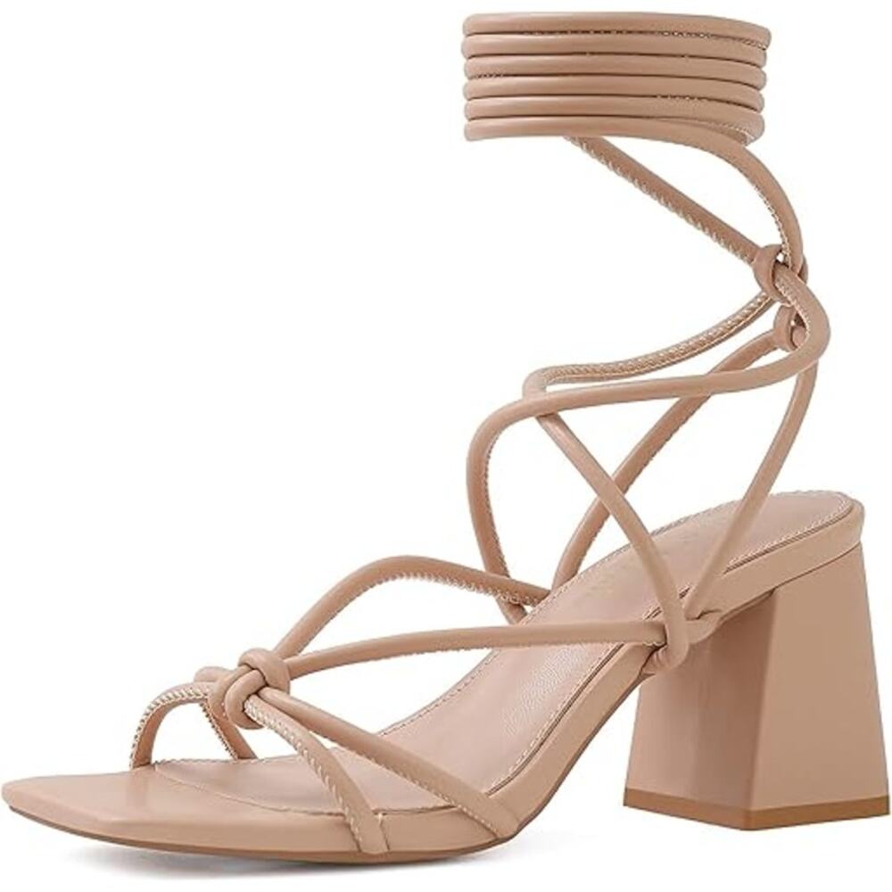 Shoe'N Tale Womens Size 10 Tan Lace Up Open Toe 3" Block Heel Ankle Wrap Shoes